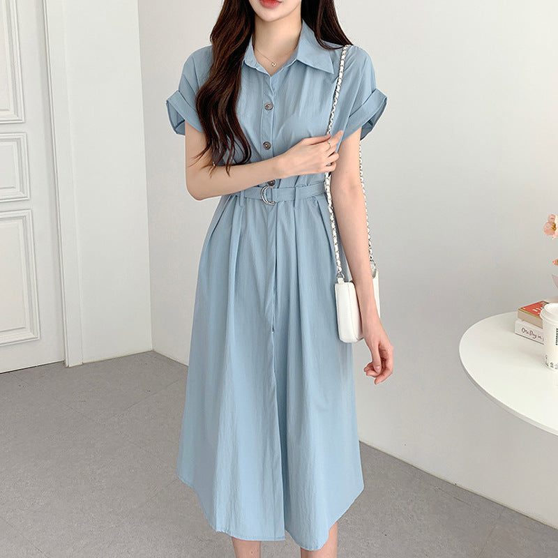 Summer French Style Lapel Tied Short Sleeve Shirt Dress