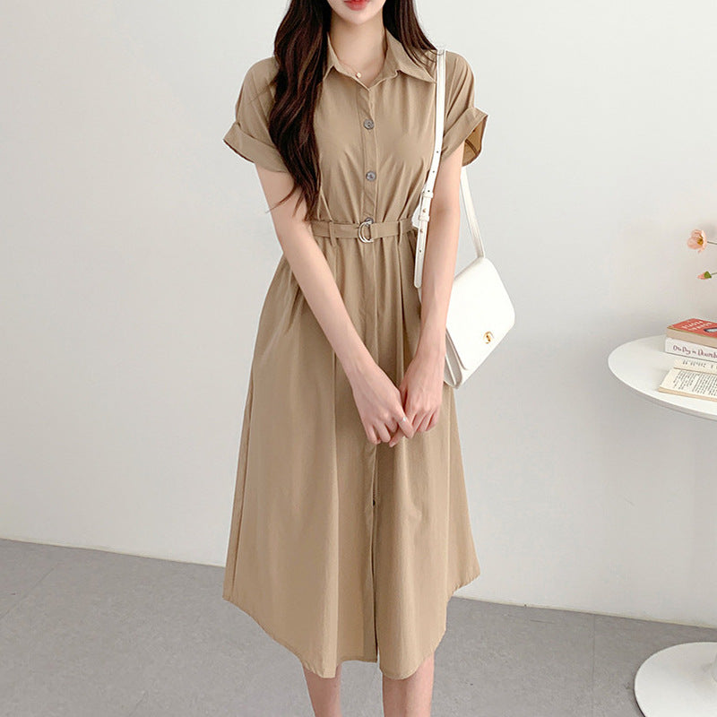 Summer French Style Lapel Tied Short Sleeve Shirt Dress