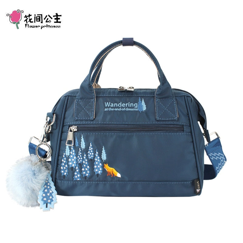 Flower Princess 2019 New Fox Fur Ornaments Women Bag Embroidery Nylon Shoulder Bag School Bags For Girls Travel Ladies Handbags