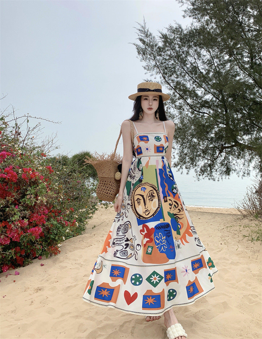 Color Printing One-shoulder Sleeveless Beach Long Dress