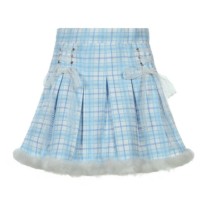 Cross-border European And American New Style Wool Stitching Plaid Pleated Skirt Girl Sweet Style High Waist Lace Strappy Skirt Autumn And Winter