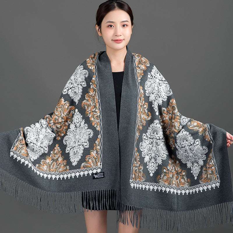 Cashmere Shawl Women&#039;s Big Autumn And Winter Outer Wear Thickened Warm New High-end Big Red Embroidery All-match Scarf Dual-use