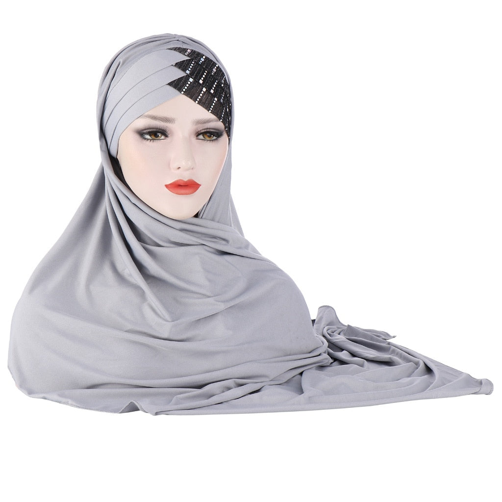 Muslim Women Khimar Sequin Decor Cross Forehead Scarf for Muslim Women Headwrap Ramadan Islamic Clothing
