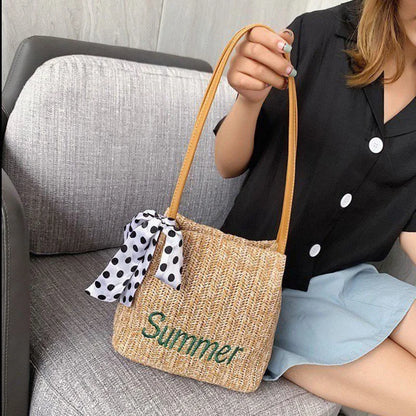 2023 Summer New Women&#39;s Silk Scarf Decoration Bucket Straw Woven Bag Seaside Vacation Korean Fashion Woven Handheld Shoulder Bag