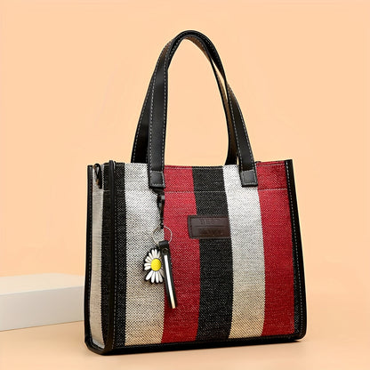 Color Contrast Striped Canvas Tote Bag, Trendy Leisure Crossbody Bag, Women&#39;s Casual Shoulder Bag