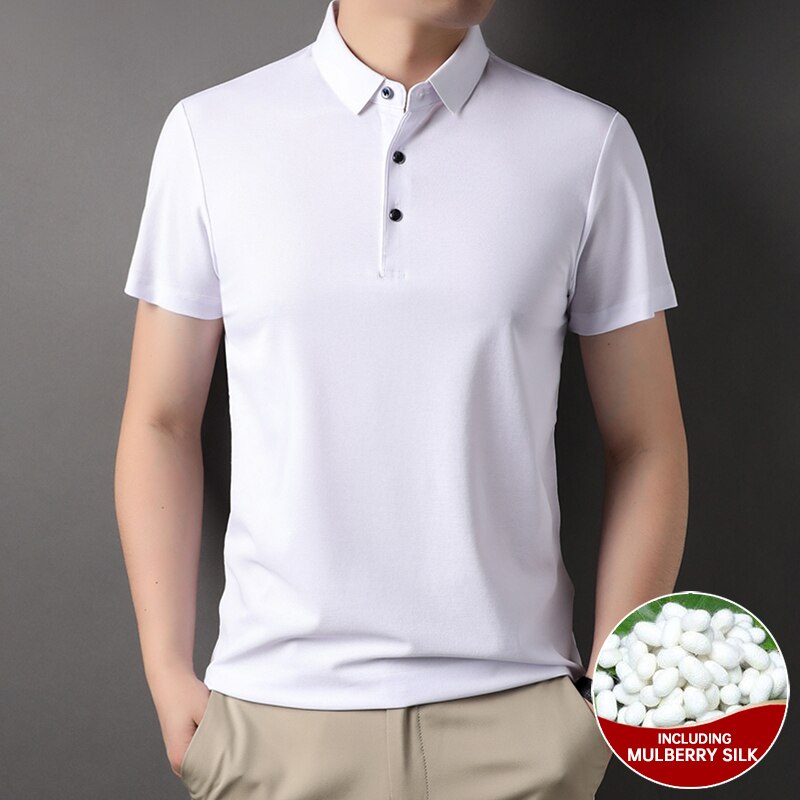 Top Grade 4.7% Mulberry Silk New Summer Brand Luxury Brand Plain Polo Men Shirt Short Sleeve Casual Tops Fashions Men Clothes