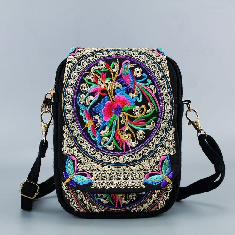 Women Shoulder Bag Travel Pouch Vintage Floral Embroidered Crossbody Zip Bag Embroidered Mobile Phone Bag