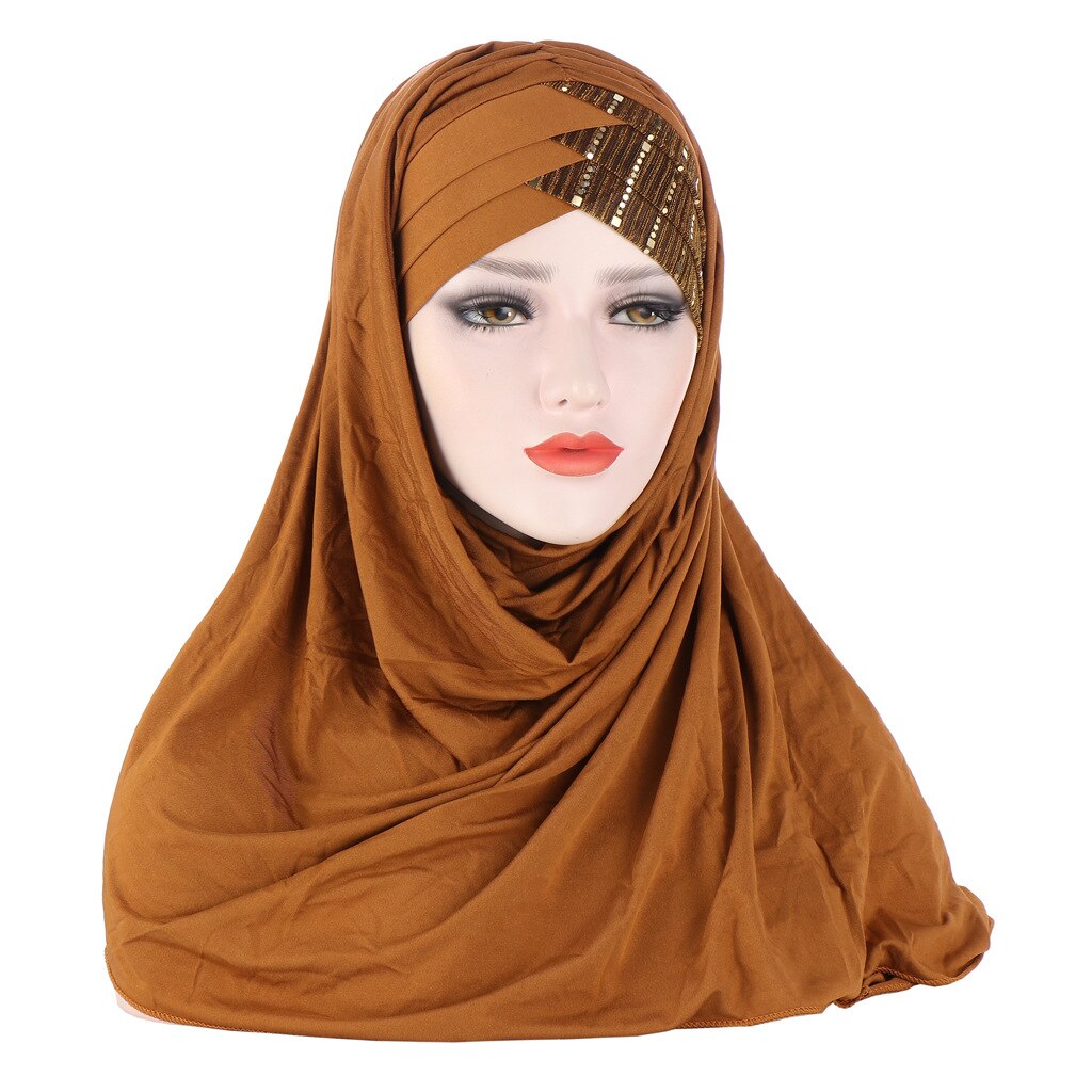 Muslim Women Khimar Sequin Decor Cross Forehead Scarf for Muslim Women Headwrap Ramadan Islamic Clothing