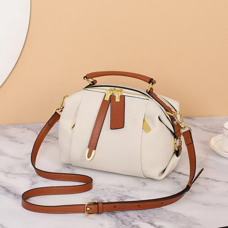 Genuine leather bag 2023 new versatile top layer cow leather contrast cross-body women&#39;s bag Boston portable one-shoulder pillow
