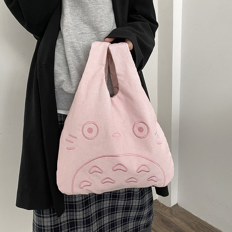 Cartoon Totoro Embroidery Lamb Fabric Handbag for Women Girls Japan INS Shoulder Bag Tote Bag Soft Fur Shopper Bag Dropshipping