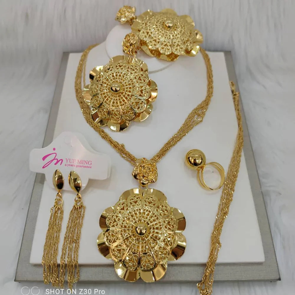 Gold Plated Flower Jewelry Women Weddings Necklace and Earrings Bangle Ring Bridal Jewelry Set for Dubai African Party Gifts
