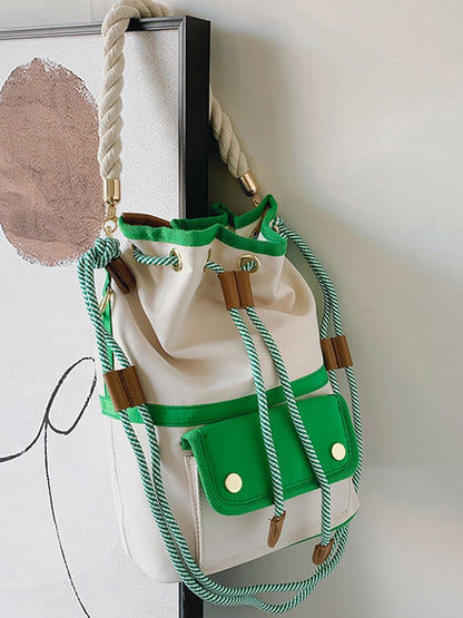 Women Bag Fashion Shoulder Bag Japanes Style Drawstring Bucket Bag Canvas Lady Handbag Messenger Bag Causal Crossbody Pack Retro