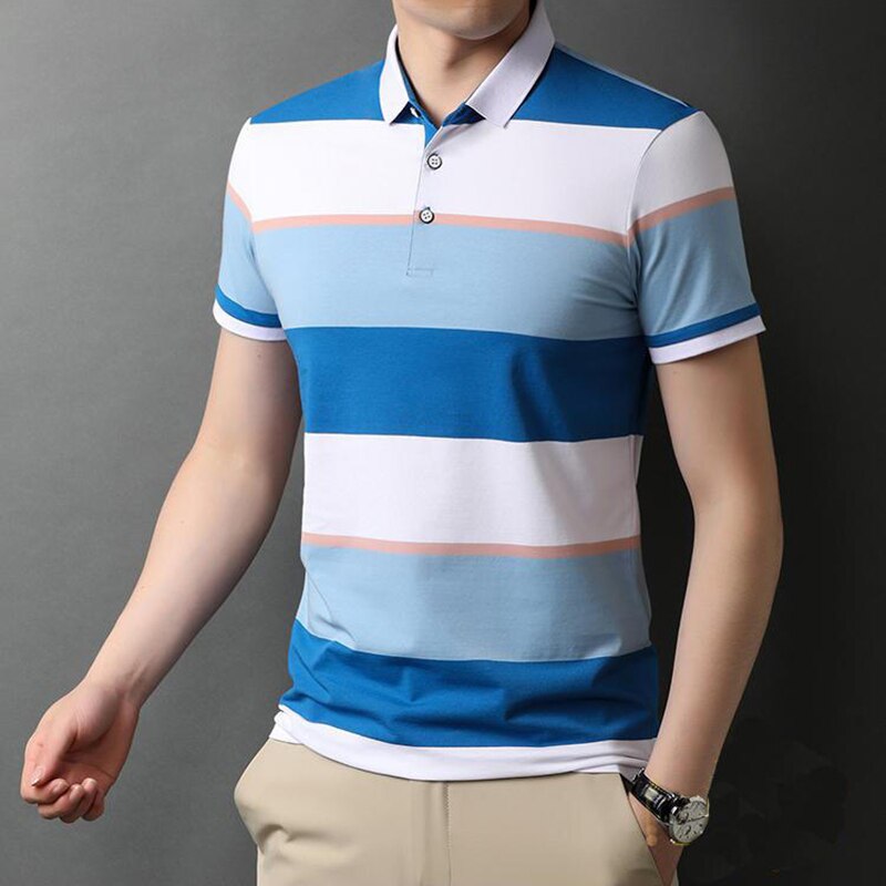 Simple Stripes Print Polo Shirt Men's Business Casual Tee Fashion Streetwear Oversized Men T Shirt Summer Short Sleeve Clothes