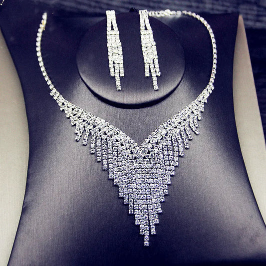 Luxury Geometric Rhinestone Necklace Earrings For Women Long Tassel Jewelry Sets Ladies Party Weddings  Accessory