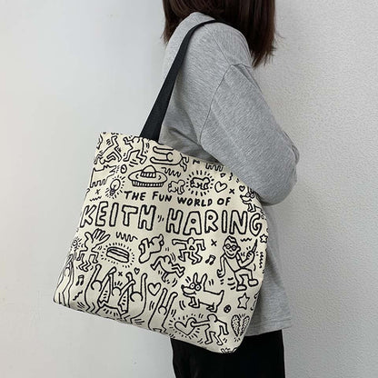 Large Capacity Canvas Tote Bag Women Happy Letter Shoulder Bags Cartoon Zipper Soft Handbag Shopper Bag Korean Lady Handbag