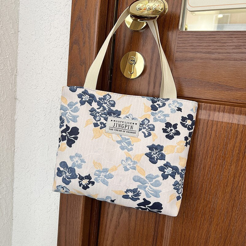 Canvas Bag Cosmetic Bag Women&#39;s Shoulder Bag Casual Handbag Artistic Style Printing Fresh Small Flower Storage Bag