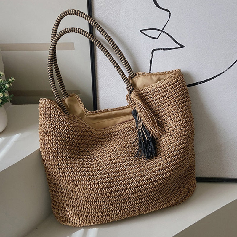 Straw Weave Tassel Tote Summer Beach Bags for Women 2022 Large Capacity Fashion Shoulder Bag Lady Handbags and Purses