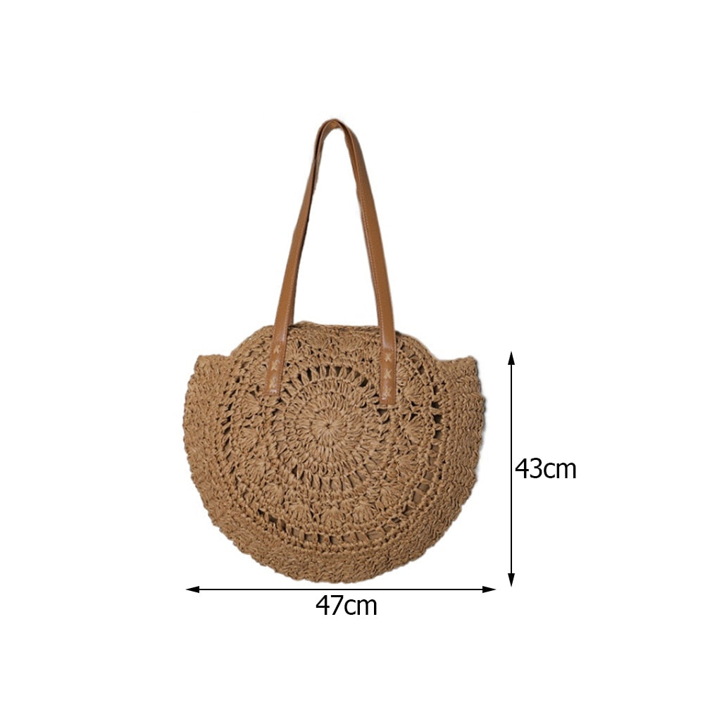 Round Straw Beach Bag for Women 2023 Vintage Large Woven Shoulder Bag Raffia circle Rattan Handbags Bohemian Summer Boho Bags