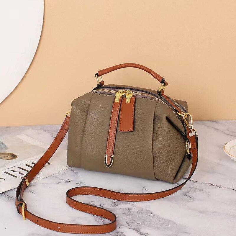 Genuine leather bag 2023 new versatile top layer cow leather contrast cross-body women&#39;s bag Boston portable one-shoulder pillow