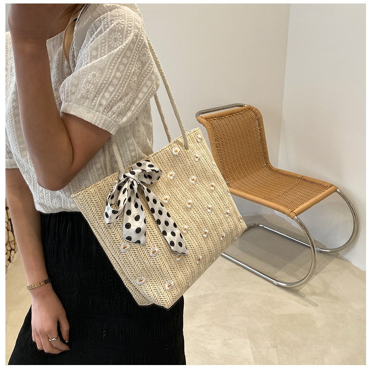 Summer Women Straw Woven Shoulder Bag Straw Bag Flower Lace Ribbon Beach Handbags Casual Ladies Solid Color Large Capacity Totes