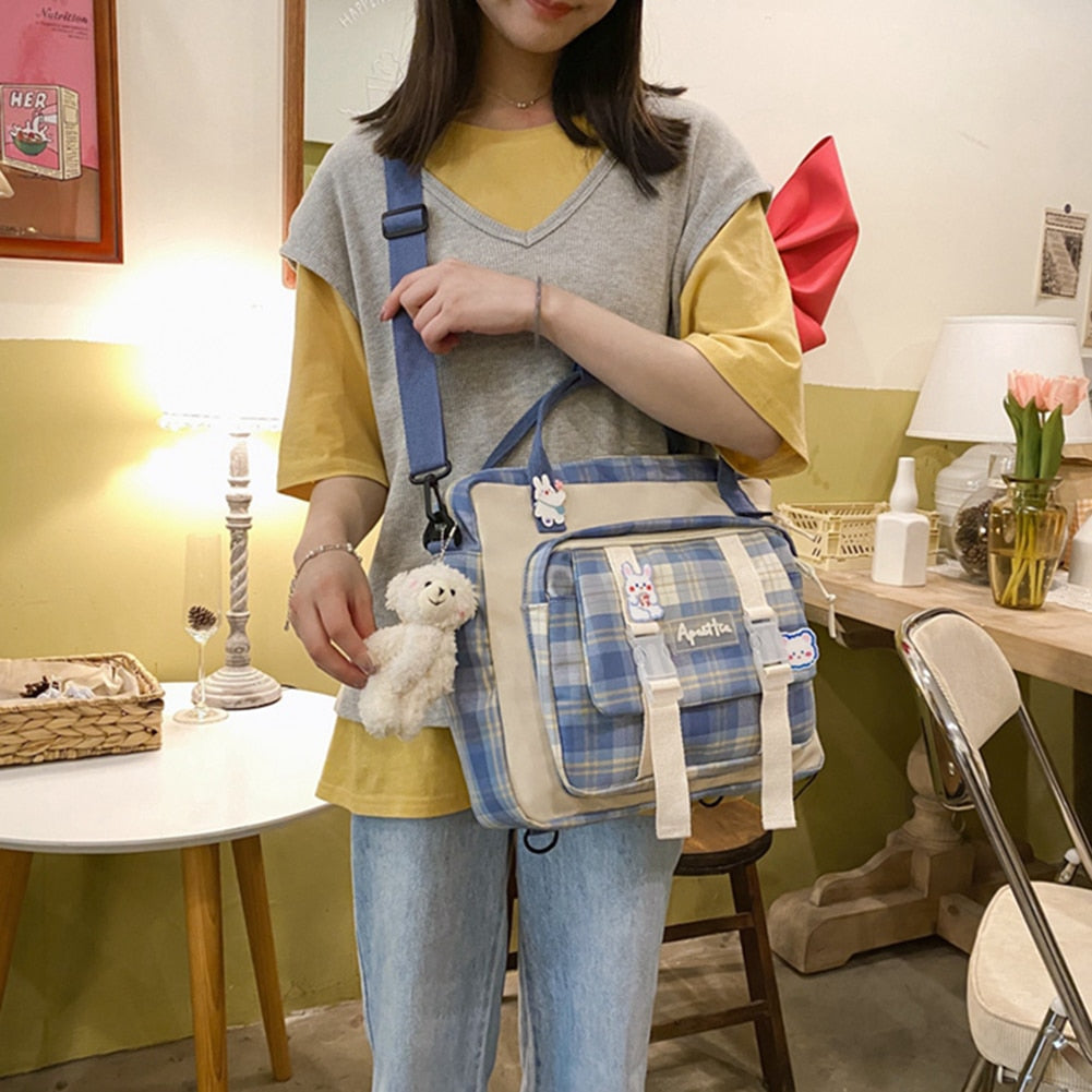 Fashion Japanese Canvas Plaid Women Shoulder Bags Students School Bags Casual Large Capacity Crossbody Bags for Girls Backpack