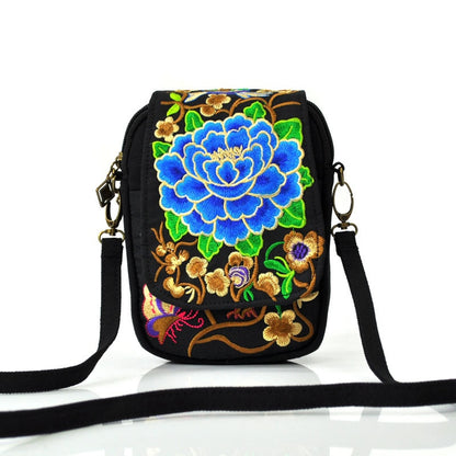 Women Shoulder Bag Travel Pouch Vintage Floral Embroidered Crossbody Zip Bag Embroidered Mobile Phone Bag