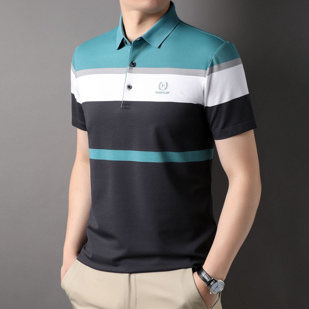 COODRONY Summer Men's Short Sleeve Delicate Embroidery Badge Classic Striped Polo-Shirt Lapel Yarn-Dyed Top Breathable R5057