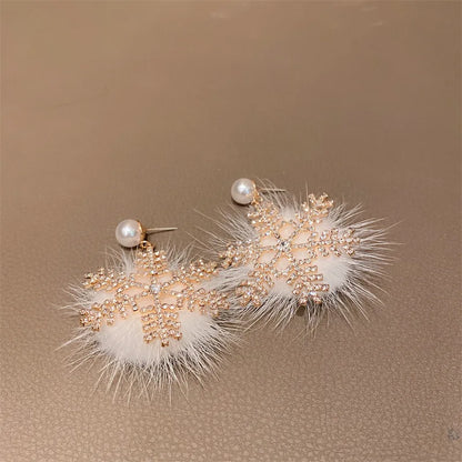 Christmas Earrings for Women Jewelry Girl Snowflakes Fluff Pendant Zircon Pearl Female Gifts Ear Studs