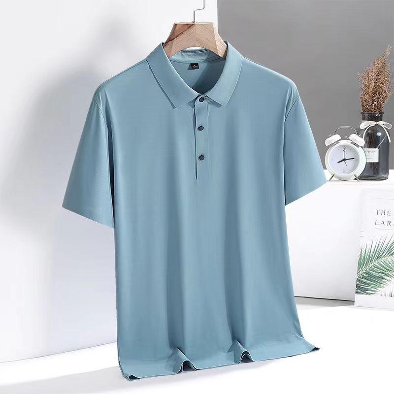 Ice Silk Traceless T-shirt Men&#39;s Light Business Solid Color Half Sleeve Top Silk Smooth Breathable Traceless POLO Shirt