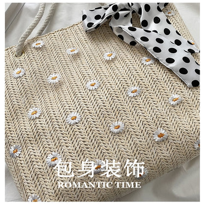 Summer Women Straw Woven Shoulder Bag Straw Bag Flower Lace Ribbon Beach Handbags Casual Ladies Solid Color Large Capacity Totes