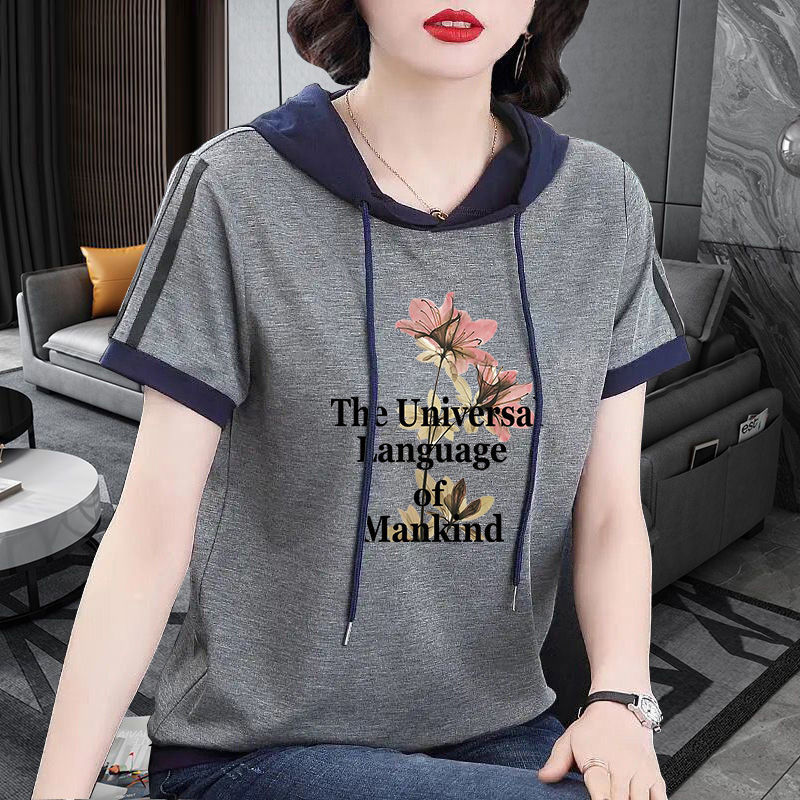 Summer Casual Letter Floral Butterfly Print Loose Hooded Tee T Shirt Women Fashion Short Sleeve Pullover Top Female Clothing2023
