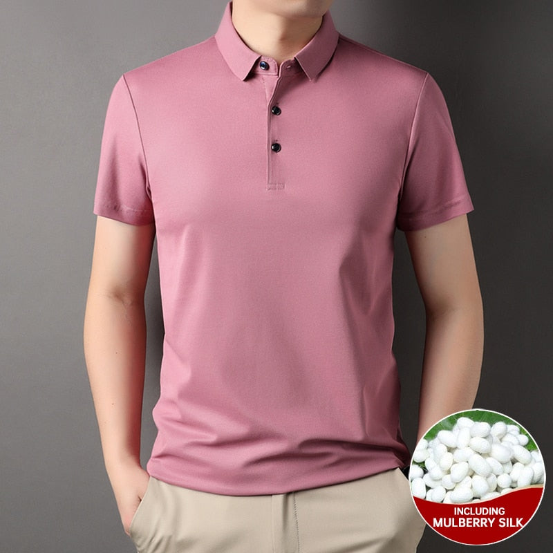 Top Grade 4.7% Mulberry Silk New Summer Brand Luxury Brand Plain Polo Men Shirt Short Sleeve Casual Tops Fashions Men Clothes