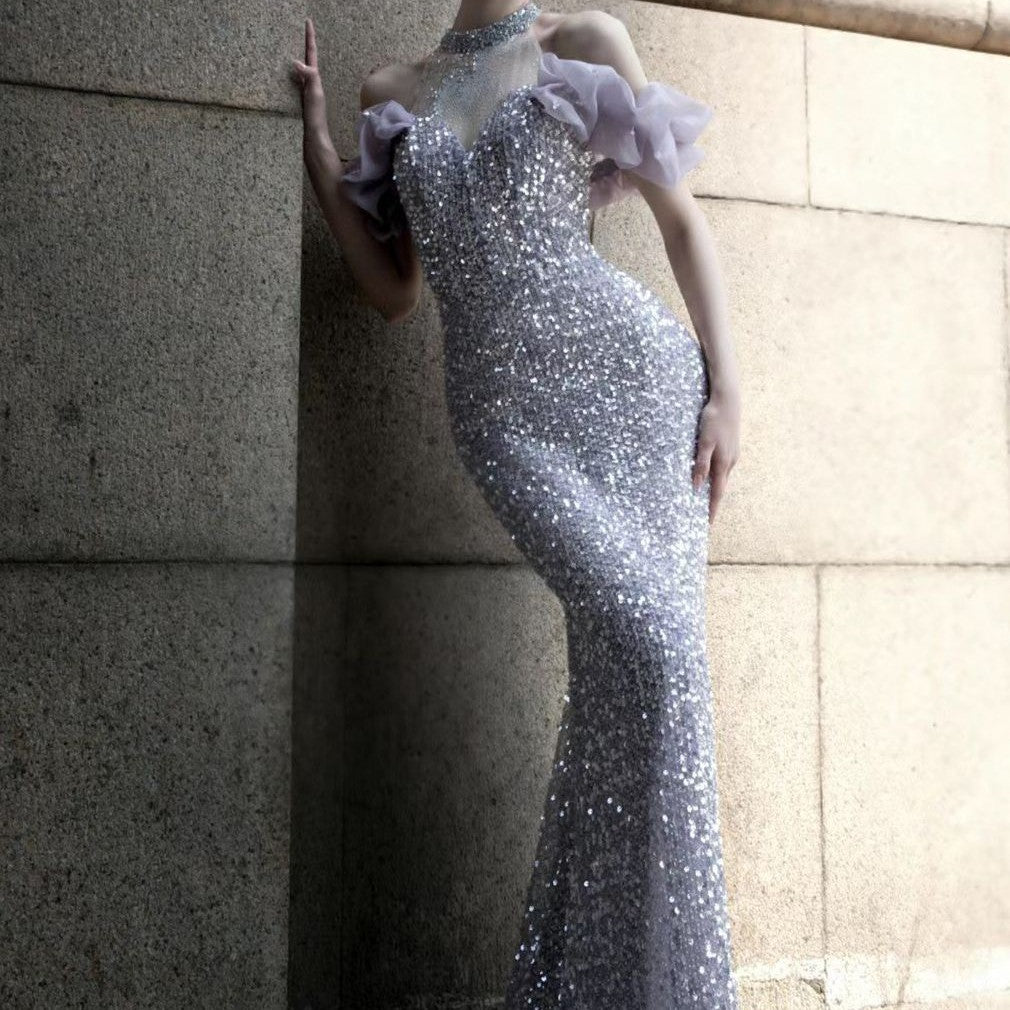 Purple Host Starry Sky Annual Meeting Beaded Toast Dress Halter Model Catwalk Fishtail