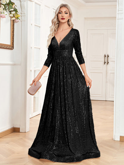 Sequined Fall V-neck High Waist Party Formal Dress