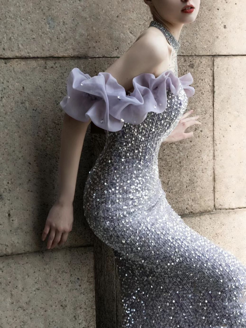 Purple Host Starry Sky Annual Meeting Beaded Toast Dress Halter Model Catwalk Fishtail
