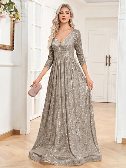 Sequined Fall V-neck High Waist Party Formal Dress