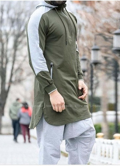 Men Arabic Colorblock Robe Muslim Zip Pocket Sweatshirt