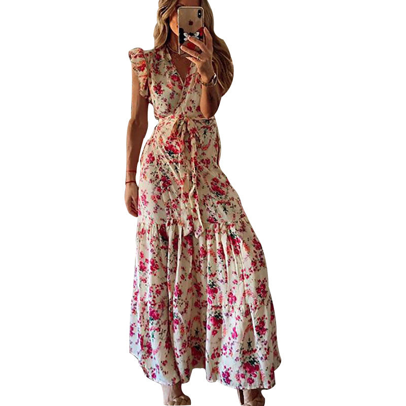 Summer Cross-border Women's Fashion Bohemian V-neck Short-sleeved Mid-length Printed Dress