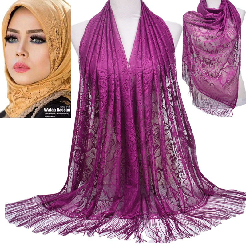 Muslim Scarf Hijab Solid Color Lace Hollow Tassel Silk Scarf Female Summer Malaysia Long Scarf Shawl