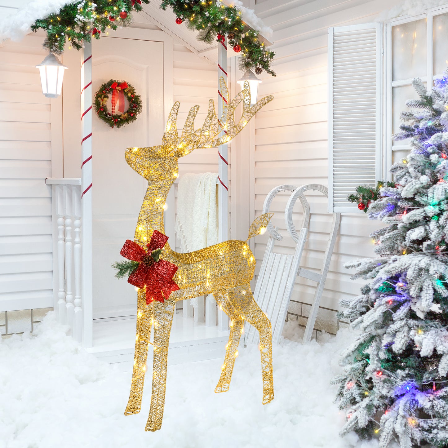 Lighted Christmas Reindeer Outdoor Decorations, Weather Proof 4ft Santa's Sleigh Reindeer Christmas Ornament Indoor Home Decor Pre-lit 90 LED Lights with Stakes, Zip Ties Secured