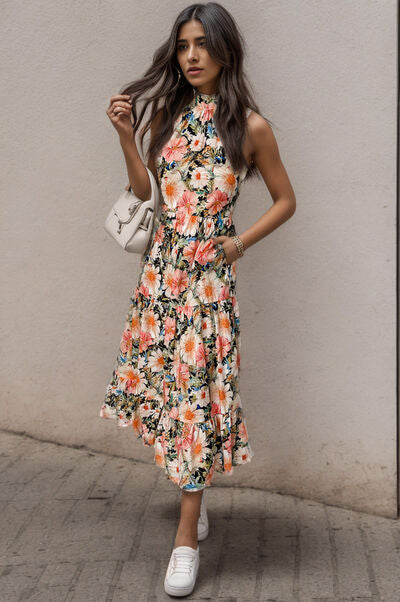 Printed Tiered Pocketed Mock Neck Midi Dress
