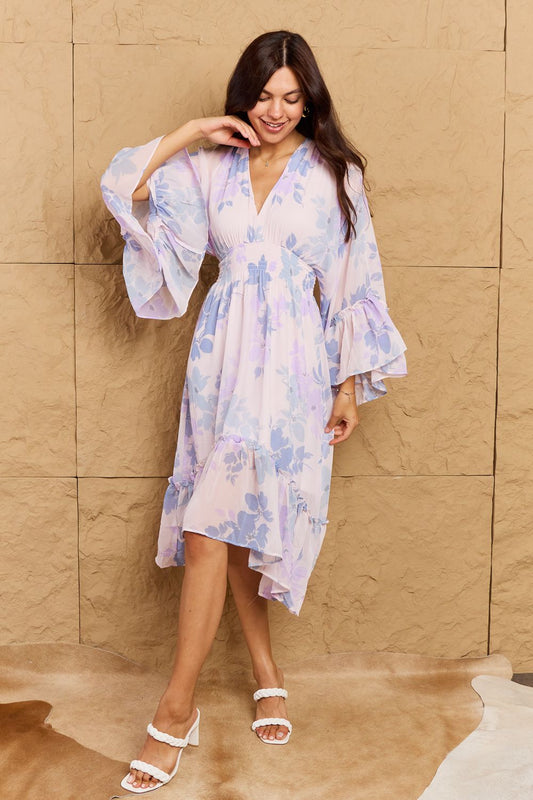 Floral Bell Sleeve Midi Dress in Blue