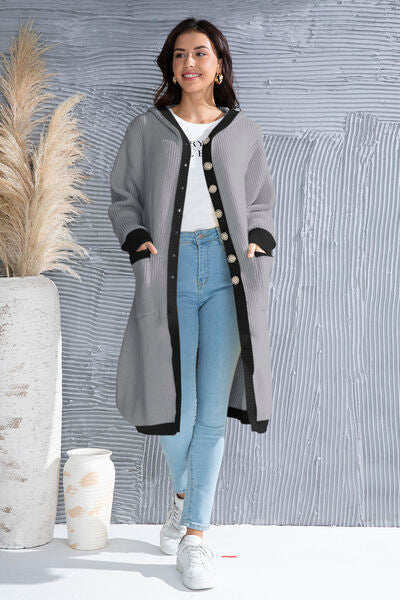 Button Up Contrast Trim Hooded Cardigan