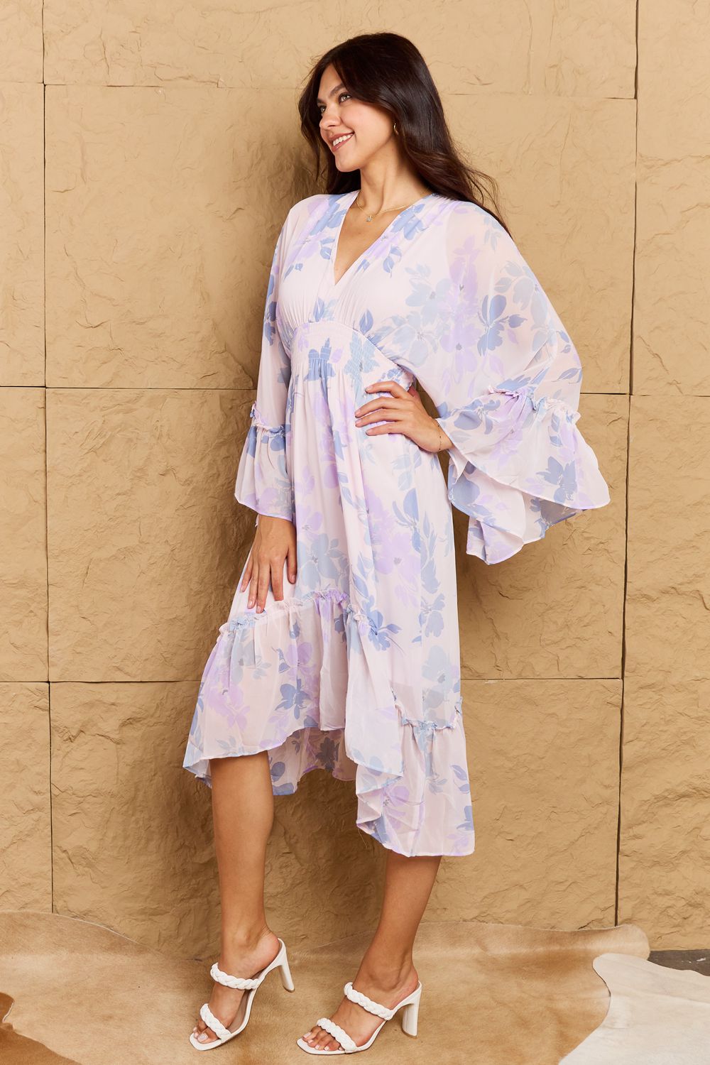 Floral Bell Sleeve Midi Dress in Blue