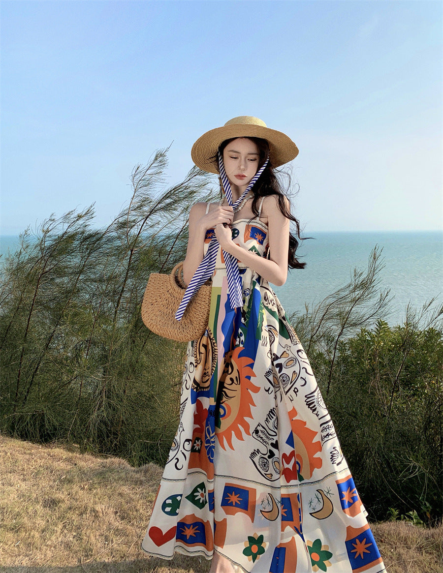 Color Printing One-shoulder Sleeveless Beach Long Dress