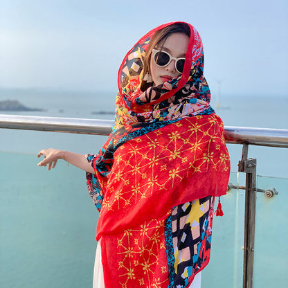 New Summer Cotton And Linen Scarf Travel Silk Scarf Sunscreen Air Conditioning Large Shawl Female Seaside Beach Towel National Wind Scarf
