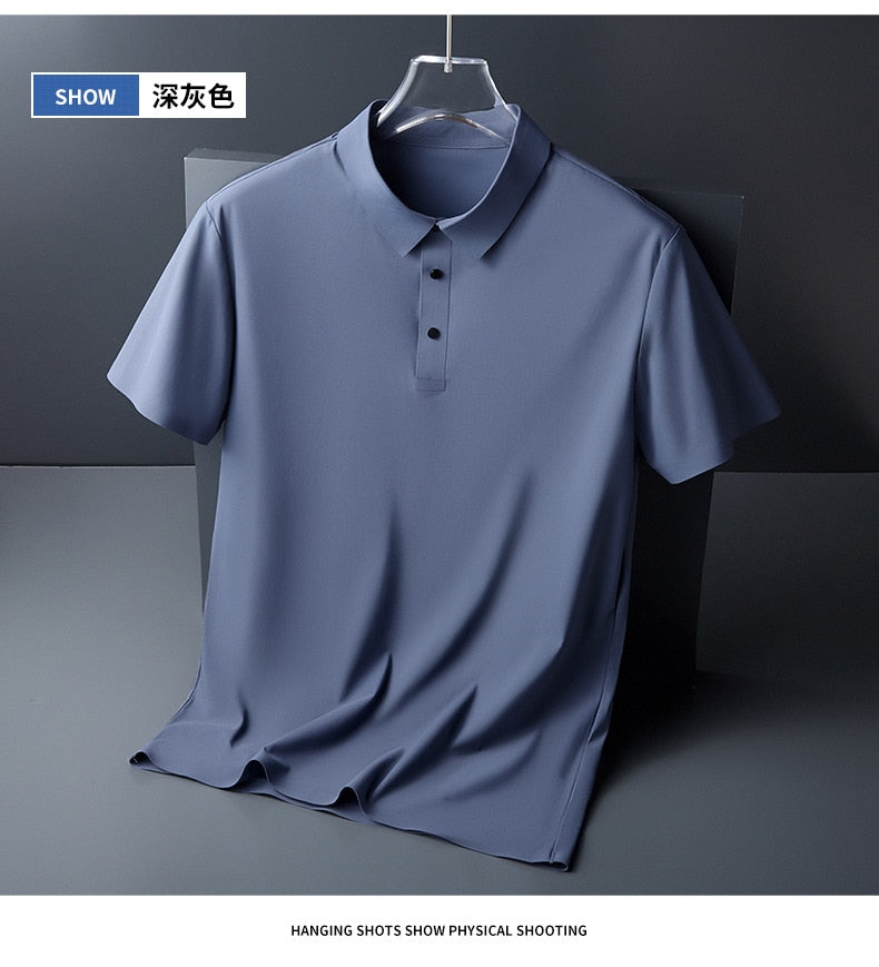 Ice Silk Traceless T-shirt Men&#39;s Light Business Solid Color Half Sleeve Top Silk Smooth Breathable Traceless POLO Shirt