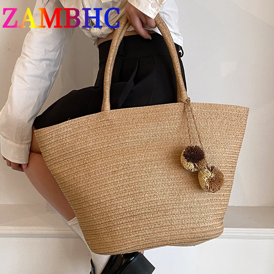 Large Straw Woven Shoulder Bags for Women 2023 Summer Trend Tassel Resort Tote Female Vintage Beach Handbag Brand Top-handle Bag