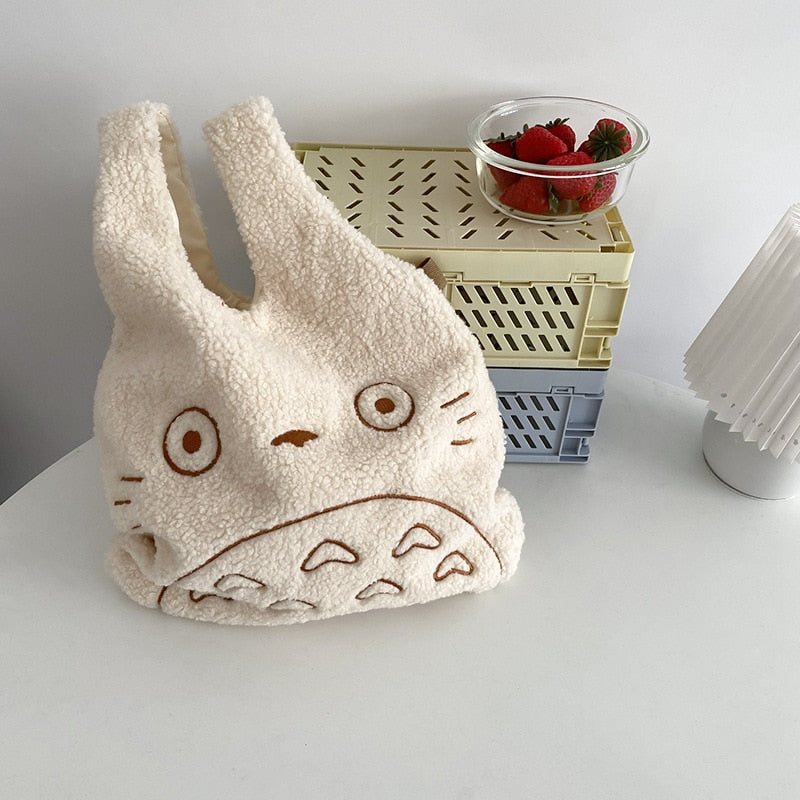 Cartoon Totoro Embroidery Lamb Fabric Handbag for Women Girls Japan INS Shoulder Bag Tote Bag Soft Fur Shopper Bag Dropshipping