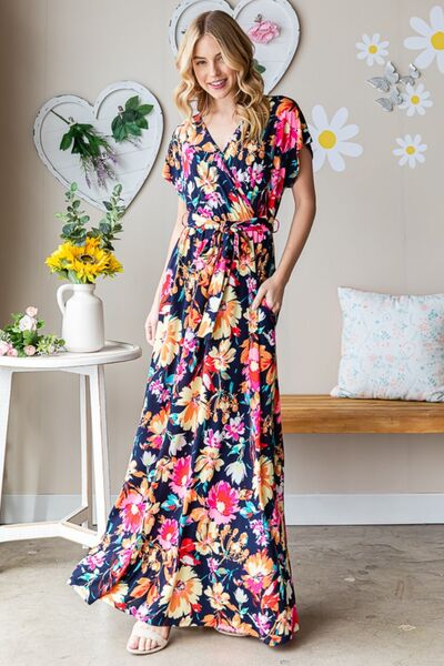 Heimish Full Size Floral Surplice Tie Waist Maxi Dress